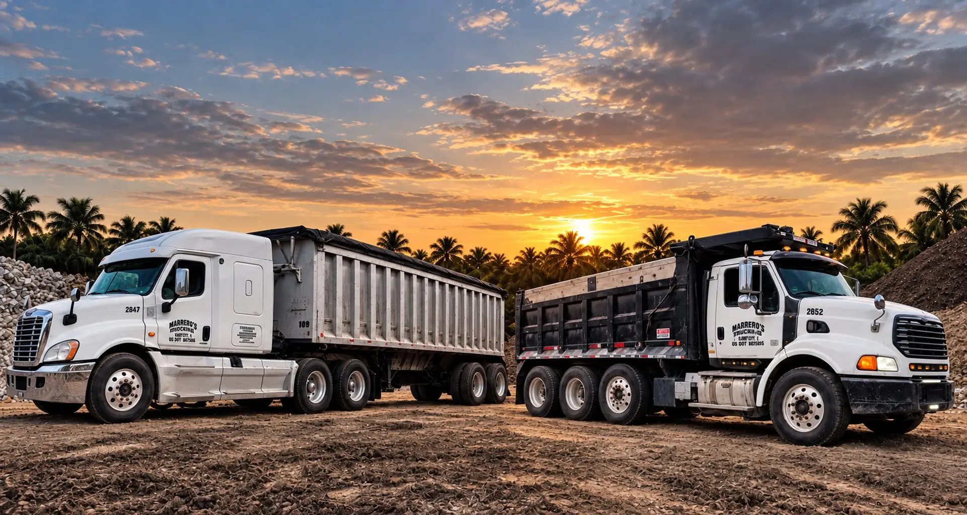 Marrero’s Trucking trucks at a quarry at sunset